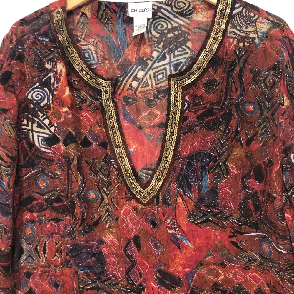 Chicos Tunic Top Women's Long Sleeve V Neck Beaded Print Rayon Size L